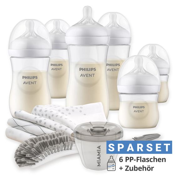 Philips Avent Premium PP-Flaschen-Set Natural 11-tlg. - 6 Babyflaschen + Flaschenbürste + Milchpulverportionierer + 3 Spucktücher