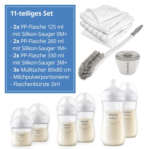 Philips Avent Premium PP-Flaschen-Set Natural 11-tlg. - 6 Babyflaschen + Flaschenbürste + Milchpulverportionierer + 3 Spucktücher