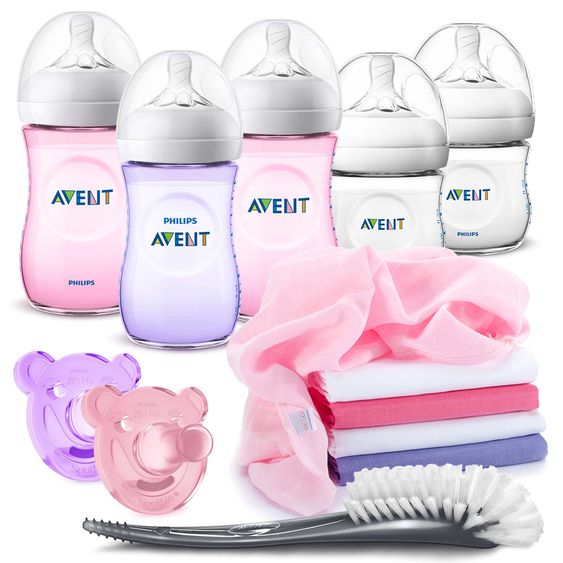 Philips Avent Premium Starter-Set 13-tlg. - 5x Babyflaschen + 1x Flaschenbürste + 2x Schnuller + 5x Spucktücher - Girls