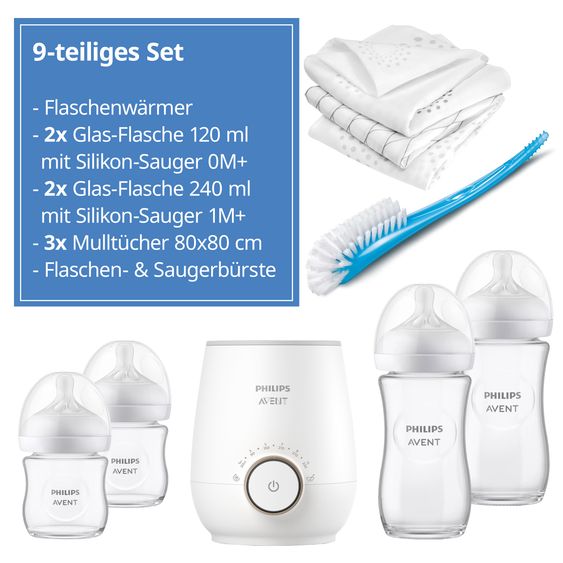 Philips Avent Premium Starter-Set Glas Natural 9-tlg. - Babykostwärmer + 4 Babyflaschen + Flaschenbürste + 3 Spucktücher