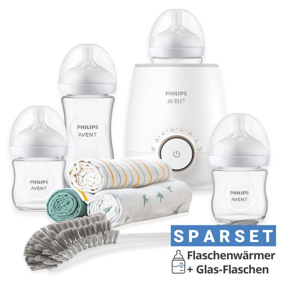 Philips Avent Premium Starter Set Glass Natural 9-piece - Baby food warmer + 4x baby bottle + 1x bottle brush + 3x burp cloth Mint