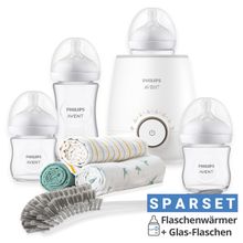 Premium Starter Set Glass Natural 9-piece - Baby food warmer + 4x baby bottle + 1x bottle brush + 3x burp cloth Mint