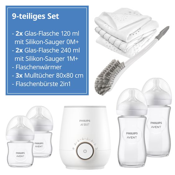 Philips Avent Premium Starter-Set Glas Natural 9-tlg. - Babykostwärmer + 4x Babyflasche + 1x Flaschenbürste + 3x Spucktuch