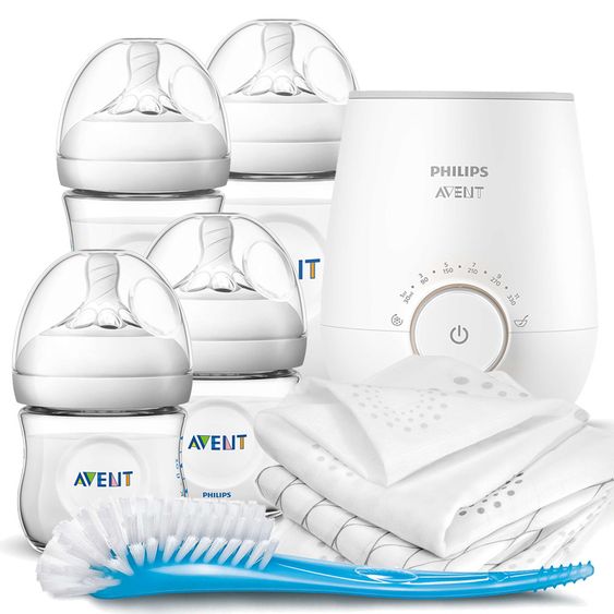 Philips Avent Premium Starter-Set Natural 9-tlg. - Babykostwärmer + 4x Babyflasche + 1x Flaschenbürste + 3x Spucktücher