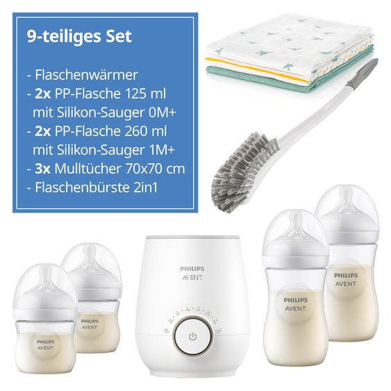 Philips Avent Premium starter set PP Natural 9 pcs - baby food warmer + 4x baby bottle + 1x bottle brush + 3x burp cloth Mint