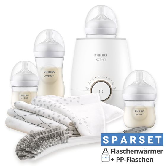 Philips Avent Premium Starter-Set PP Natural 9-tlg. - Babykostwärmer + 4x Babyflasche + 1x Flaschenbürste + 3x Spucktuch