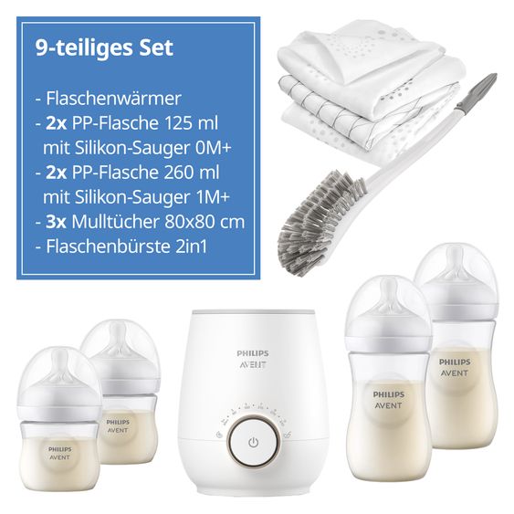 Philips Avent Set iniziale Premium PP Natural 9 pezzi - scaldavivande + 4x biberon + 1x spazzola per biberon + 3x panno per il ruttino