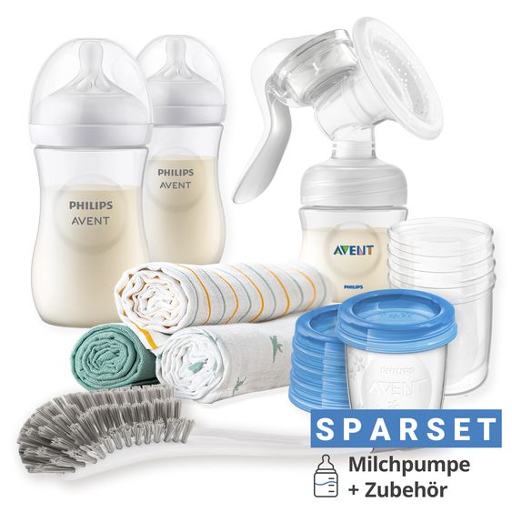 Philips Avent Set allattamento Premium Basic 12 pezzi - Tiralatte manuale + 2 biberon + 5 tazze riutilizzabili + 1 spazzola per biberon + 3 panni per il ruttino alla menta