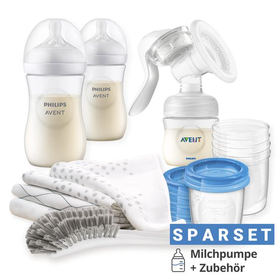 Philips Avent Set allattamento Premium Basic 12 pezzi - tiralatte manuale + 2 biberon + 5 tazze riutilizzabili + 1 spazzola per biberon + 3 panni per il ruttino