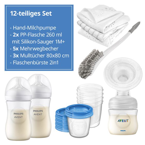 Philips Avent Set allattamento Premium Basic 12 pezzi - tiralatte manuale + 2 biberon + 5 tazze riutilizzabili + 1 spazzola per biberon + 3 panni per il ruttino