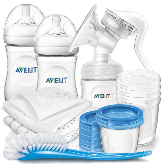 Philips Avent Premium Breastfeeding Set Basic 13 pcs - Manual Breast Pump + 3 Baby Bottles + 5 Reusable Cups + 1 Bottle Brush + 3 Burp Cloths