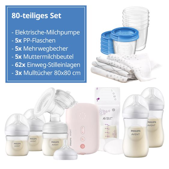 Philips Avent Premium Still-Set Deluxe 80-tlg. - elektr. Milchpumpe + 5 PP-Flaschen + 5 Mehrwegbecher + 5 Muttermilchbeutel + 62 Stilleinlagen + 3 Mulltücher