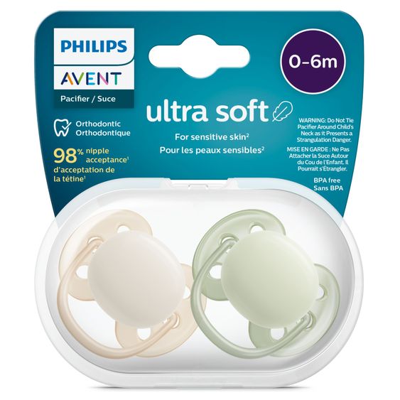 Philips Avent Pacifier 2-pack Ultra Soft 0-6 M - Beige / Green