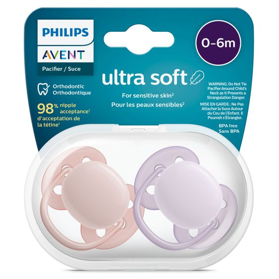 Philips Avent Pacifier 2-pack Ultra Soft 0-6 M - Pink / Purple