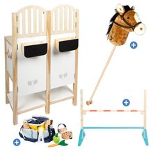 Set Hobby Horsing 10 Pièces avec Cheval Bâton, Étable, Haie & Set De Nettoyage Et Entretien - Marron / Multicolore