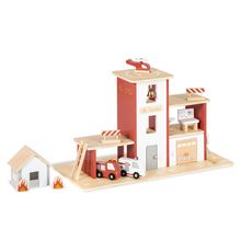 12-tlg. Feuerwache Ben mit Garage, Rutschstange & abrollbarem Schlauch - Natur / Bunt