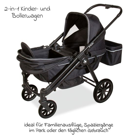Pinolino Carrozzina e Carretto 2-in-1 Cubi bis 50 kg portata con manico regolabile in altezza, borsa e portabicchieri - Nero