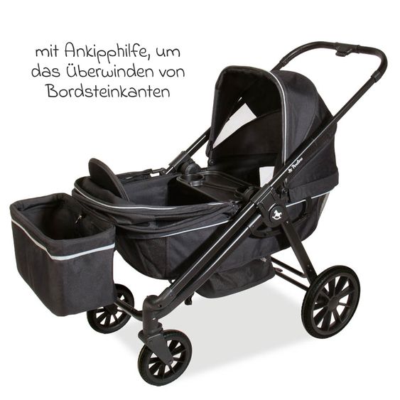 Pinolino Carrozzina e Carretto 2-in-1 Cubi bis 50 kg portata con manico regolabile in altezza, borsa e portabicchieri - Nero