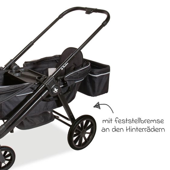 Pinolino Carrozzina e Carretto 2-in-1 Cubi bis 50 kg portata con manico regolabile in altezza, borsa e portabicchieri - Nero