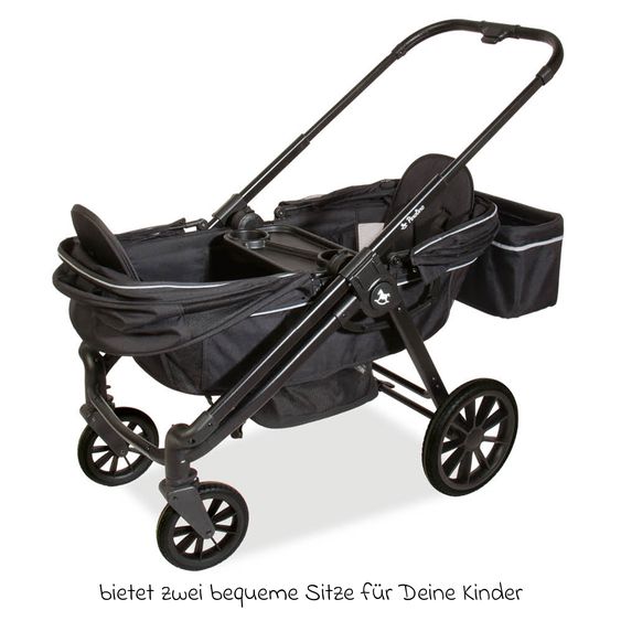 Pinolino Carrozzina e Carretto 2-in-1 Cubi bis 50 kg portata con manico regolabile in altezza, borsa e portabicchieri - Nero