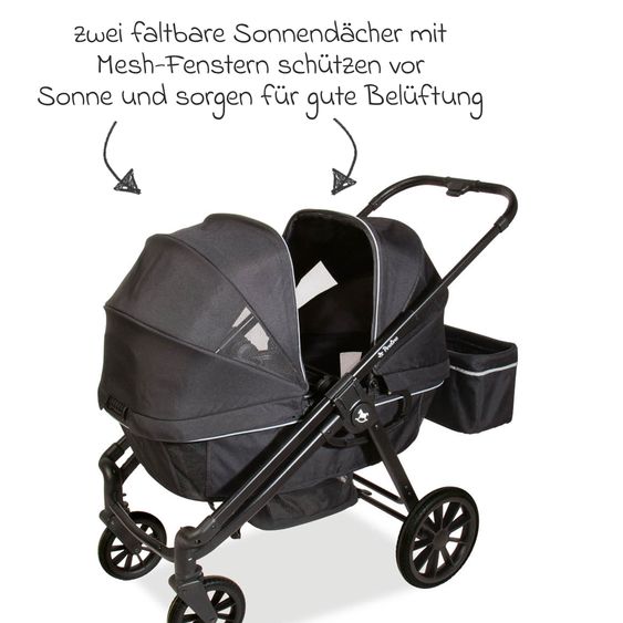 Pinolino Carrozzina e Carretto 2-in-1 Cubi bis 50 kg portata con manico regolabile in altezza, borsa e portabicchieri - Nero