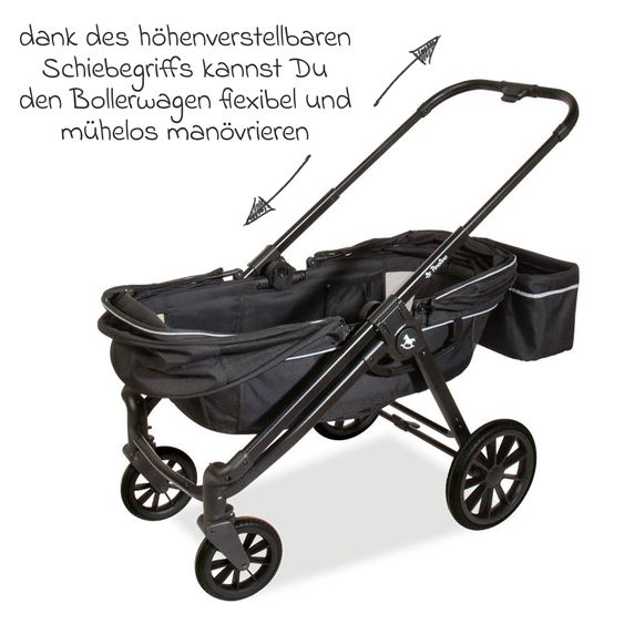 Pinolino Carrozzina e Carretto 2-in-1 Cubi bis 50 kg portata con manico regolabile in altezza, borsa e portabicchieri - Nero