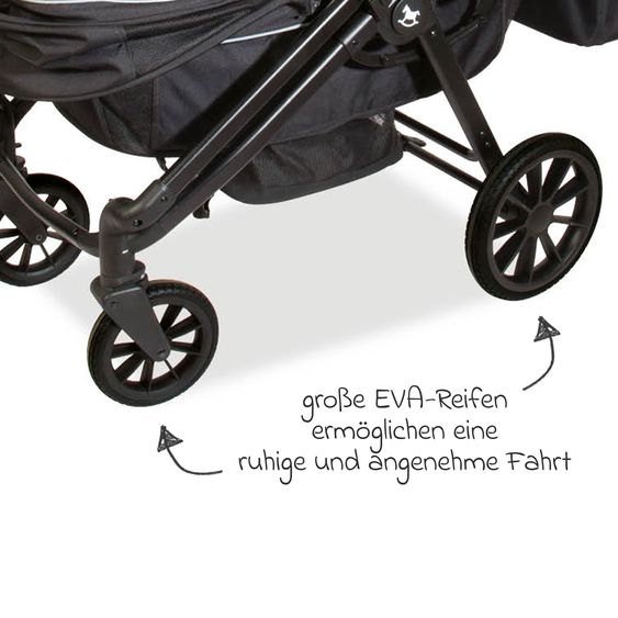 Pinolino Carrozzina e Carretto 2-in-1 Cubi bis 50 kg portata con manico regolabile in altezza, borsa e portabicchieri - Nero