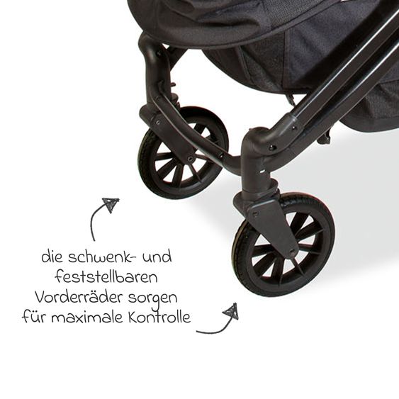 Pinolino Carrozzina e Carretto 2-in-1 Cubi bis 50 kg portata con manico regolabile in altezza, borsa e portabicchieri - Nero