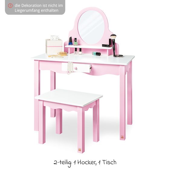 Pinolino Tavolo trucco per bambini 2 pz. Jasmin con cassetto, ripiano, specchio incl. sgabello - Rosa bianco
