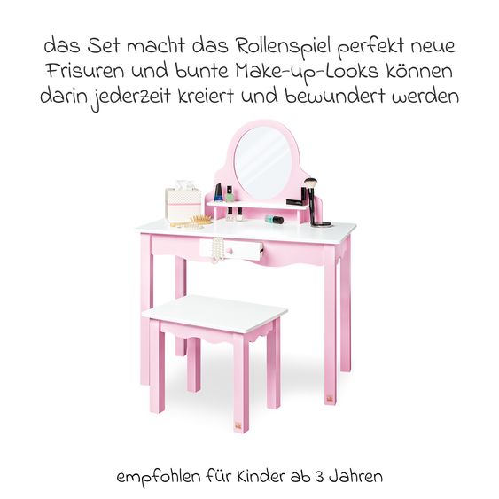 Pinolino Tavolo trucco per bambini 2 pz. Jasmin con cassetto, ripiano, specchio incl. sgabello - Rosa bianco
