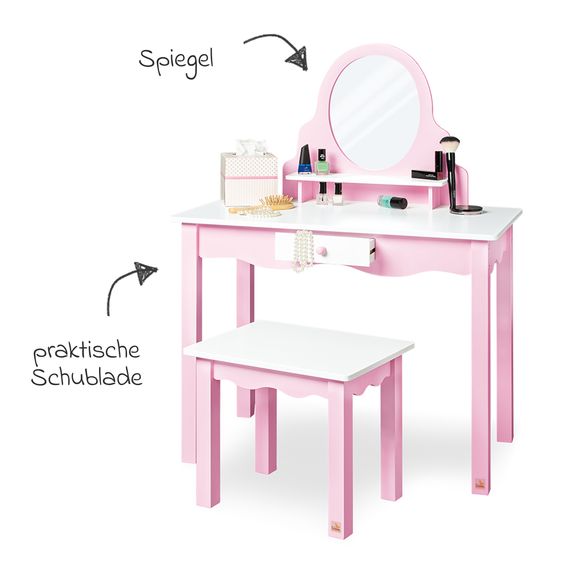 Pinolino Tavolo trucco per bambini 2 pz. Jasmin con cassetto, ripiano, specchio incl. sgabello - Rosa bianco