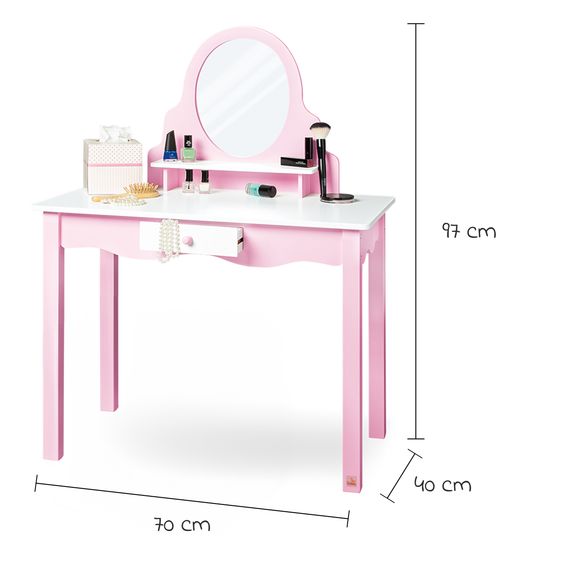 Pinolino Tavolo trucco per bambini 2 pz. Jasmin con cassetto, ripiano, specchio incl. sgabello - Rosa bianco
