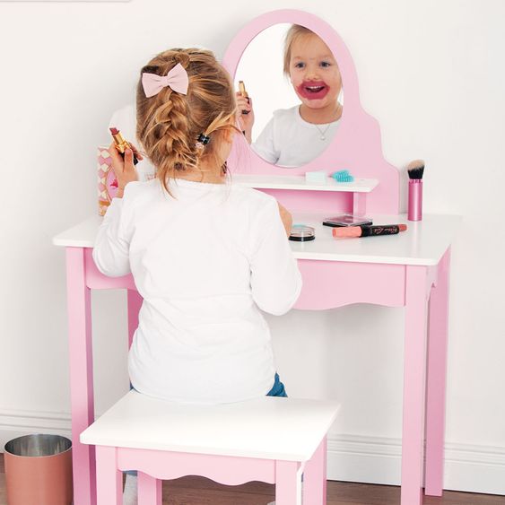 Pinolino Tavolo trucco per bambini 2 pz. Jasmin con cassetto, ripiano, specchio incl. sgabello - Rosa bianco