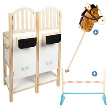 Set Hobby Horsing 3 Pièces avec Cheval Bâton, Étable & Barrière - Marron / Multicolore