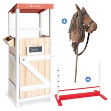 Set Hobby Horsing 3 Pièces avec Cheval Bâton, Étable & Barrière - Marron / Rouge