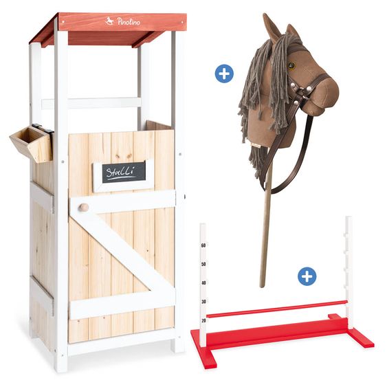 Pinolino Set Hobby Horsing 3 Pièces avec Cheval Bâton, Étable & Barrière - Marron / Rouge