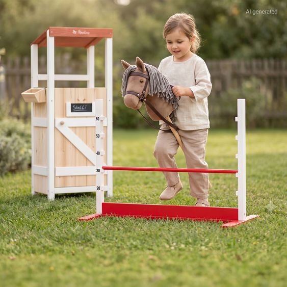Pinolino Set Hobby Horsing 3 Pièces avec Cheval Bâton, Étable & Barrière - Marron / Rouge