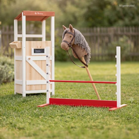 Pinolino Set Hobby Horsing 3 Pièces avec Cheval Bâton, Étable & Barrière - Marron / Rouge