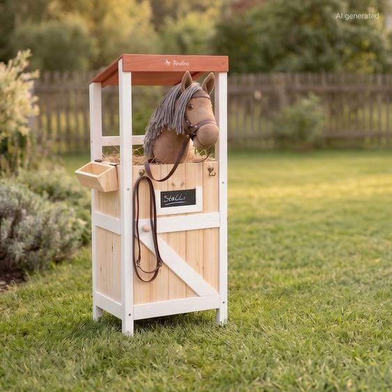 Pinolino Set Hobby Horsing 3 Pièces avec Cheval Bâton, Étable & Barrière - Marron / Rouge