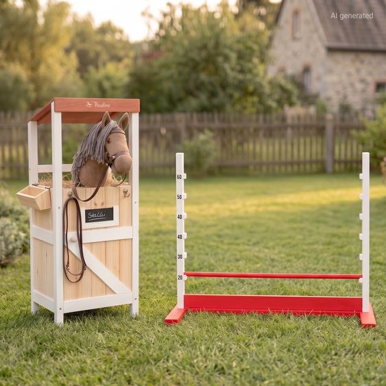Pinolino Set Hobby Horsing 3 Pièces avec Cheval Bâton, Étable & Barrière - Marron / Rouge