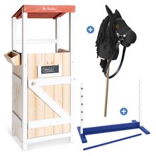 Set Hobby Horsing 3 Pièces avec Cheval Bâton, Étable & Barrière - Noir / Bleu