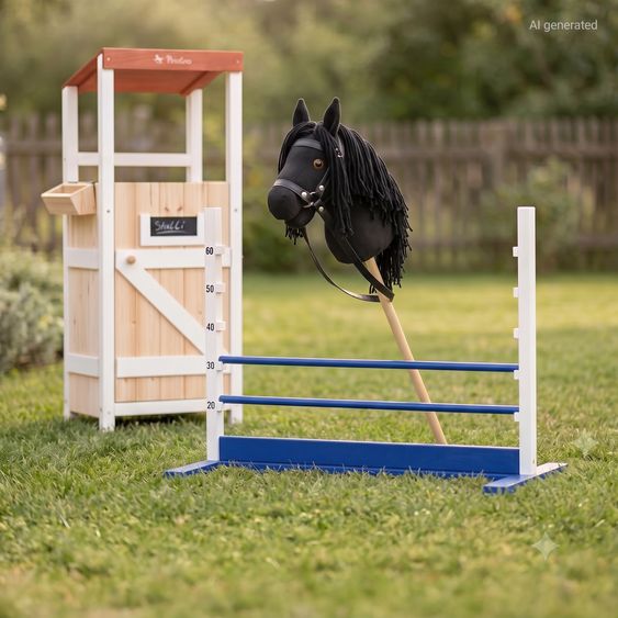Pinolino Set Hobby Horsing 3 Pièces avec Cheval Bâton, Étable & Barrière - Noir / Bleu