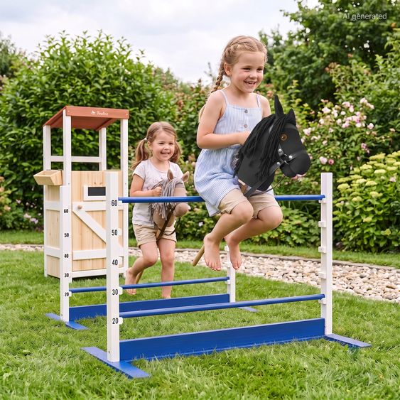 Pinolino Set Hobby Horsing 3 Pièces avec Cheval Bâton, Étable & Barrière - Noir / Bleu