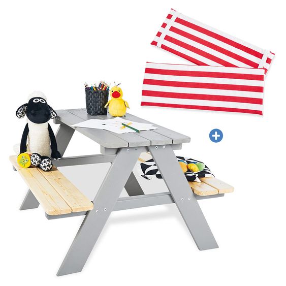 Pinolino 3-tlg. Kinder-Sitzgarnitur-Set Nicki mit Polsterauflage - Grau / Rot Weiß