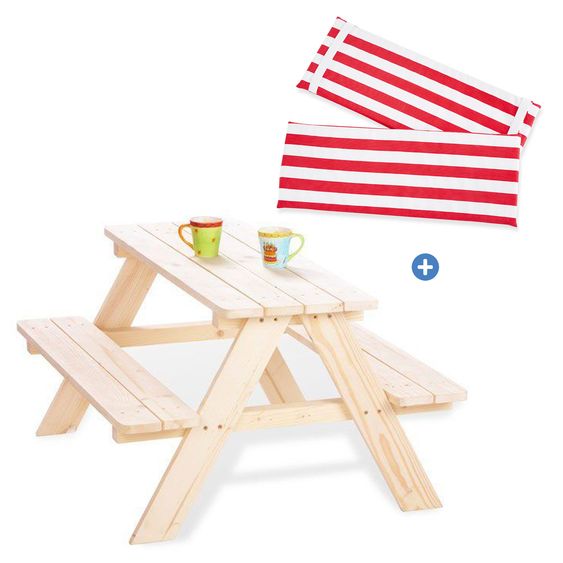 Pinolino 3-tlg. Kinder-Sitzgarnitur-Set Nicki mit Polsterauflage - Natur / Rot Weiß