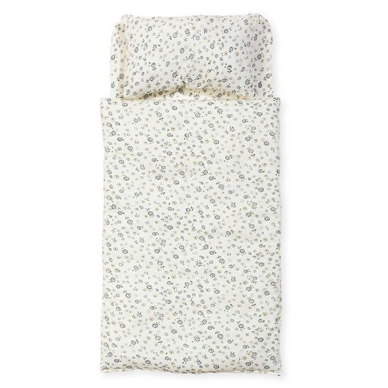 Pinolino 3-tlg. Puppenbettzeug für Puppenwagen und Puppenbetten Blümchen mit Matratze, Bettdeckenbezug & Kopfkissenbezug - Blau