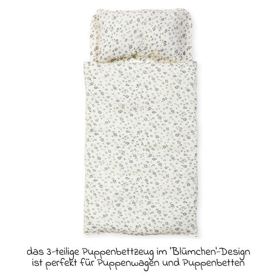 Pinolino 3-tlg. Puppenbettzeug für Puppenwagen und Puppenbetten Blümchen mit Matratze, Bettdeckenbezug & Kopfkissenbezug - Blau