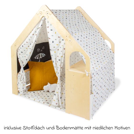 Pinolino 3-tlg. Spielhaus Thilda inkl. Stoffdach mit Maltafel, Fenstern & Tisch - Kleine Flitzer - Natur