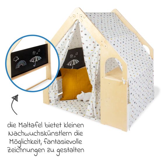 Pinolino 3-tlg. Spielhaus Thilda inkl. Stoffdach mit Maltafel, Fenstern & Tisch - Kleine Flitzer - Natur