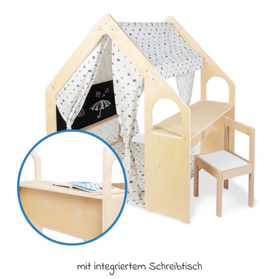 Pinolino 3-tlg. Spielhaus Thilda inkl. Stoffdach mit Maltafel, Fenstern & Tisch - Kleine Flitzer - Natur